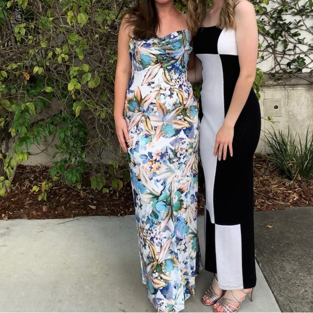 Liv Foster White Cowl Neck Floral Print Gown
